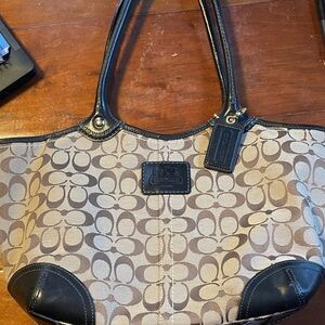 Coach Beige and Black Signature Shoulder Bag